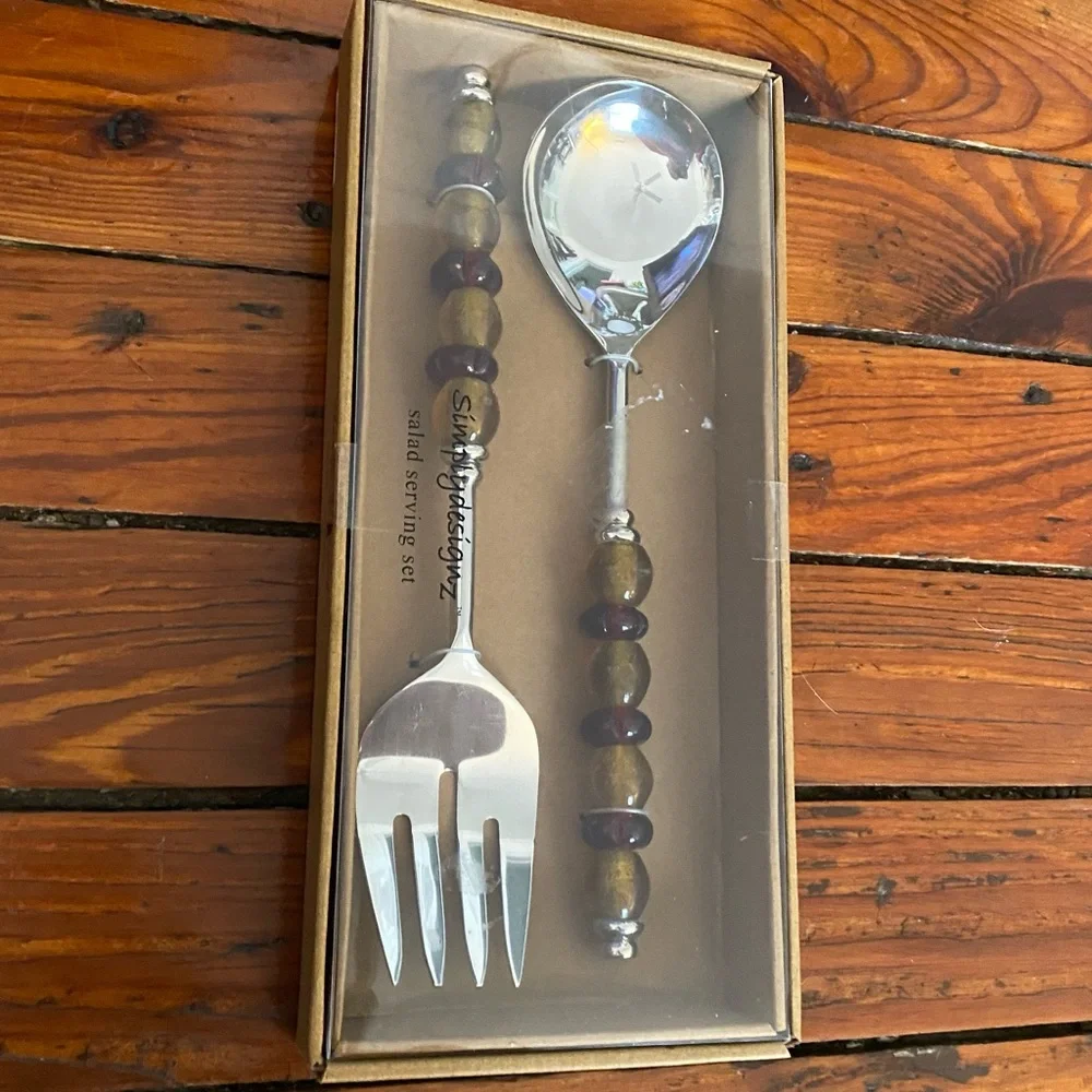 SimplyDesignz Amber Glass Handle Salad Serving Set NWT
